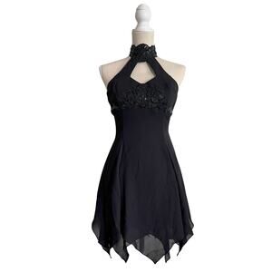 Vintage Y2K Gothcore Jessica McClintock Gunne Sax Black Halter Prom Dress 3/4